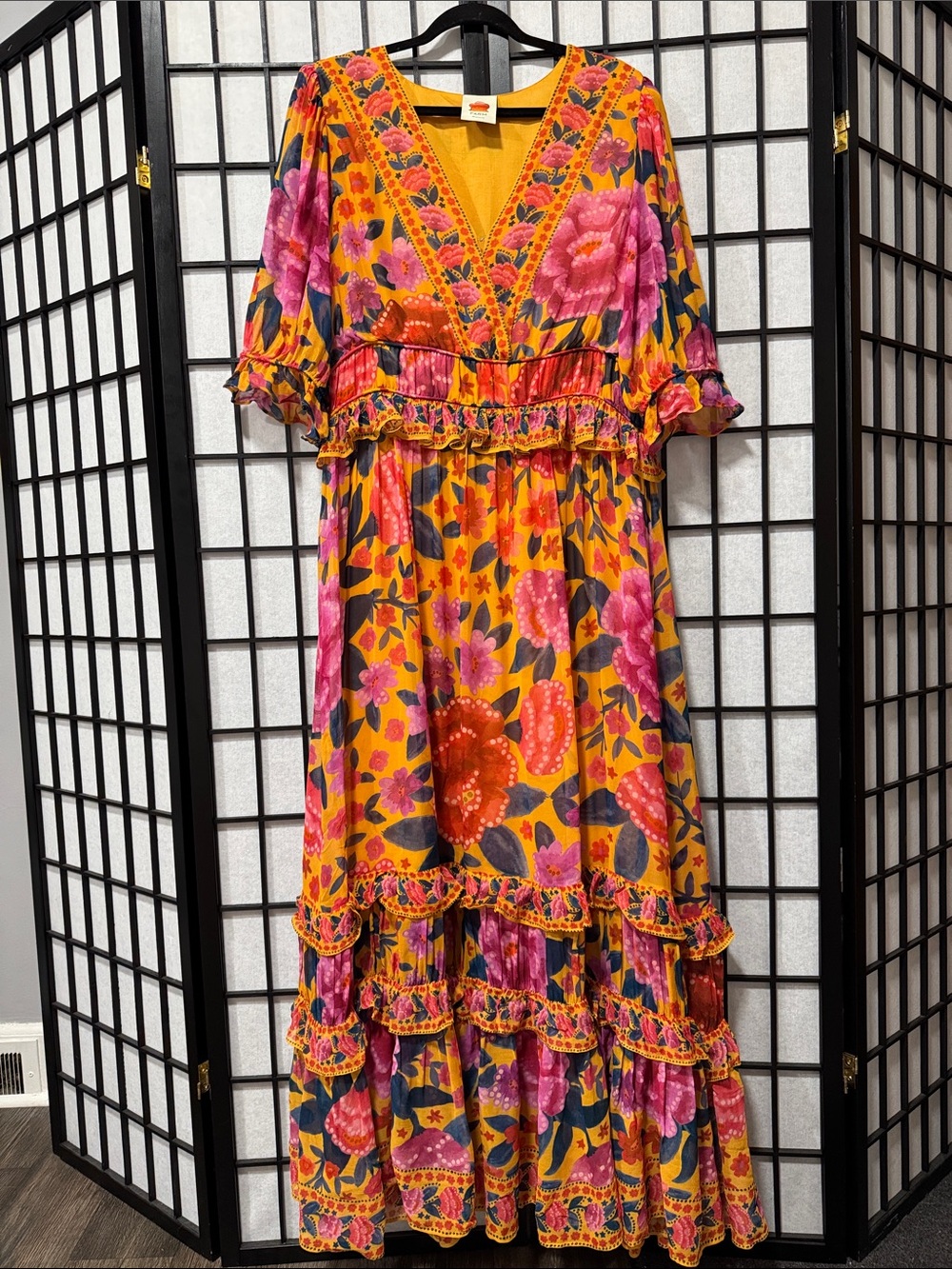 FARM Rio Ruffled Floral Print Georgette Maxi Dress Marigold XL NWOT - Picture 7 of 16
